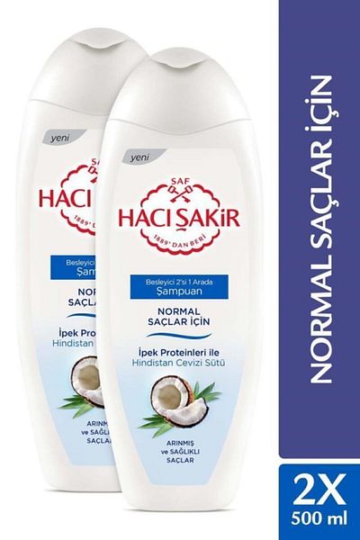 Hacı Şakir Coconut Milk Nourishing - For Normal Hair, Set of 2 in 1 Shampoo, 500 ml x2 Pieces