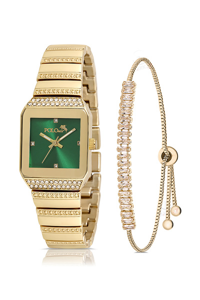 Polo Air Vintage Kare Kadın Kol Saati Zirkon Taşlı Baget Bileklik Gold-Yeşil ...