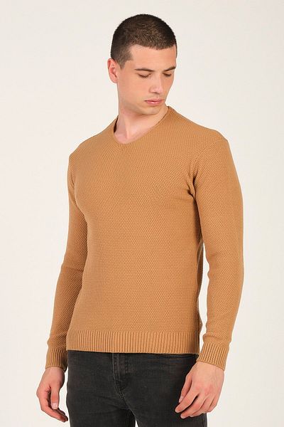 1000LAKE Ανδρικό πλεκτό πουλόβερ με λαιμόκοψη V Cream Basic