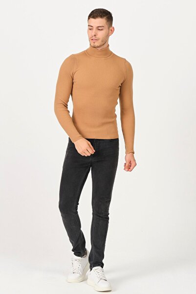 1000LAKE Erkek Krem Yarım Balıkçı Yaka Fitilli Ince Triko Kazak