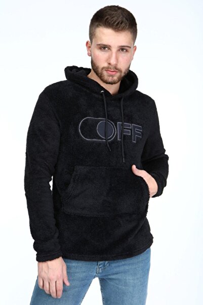 1000LAKE Erkek Siyah Peluş Kanguru Cepli Kapüşonlu Nakışlı Hoodie Sweatshirt