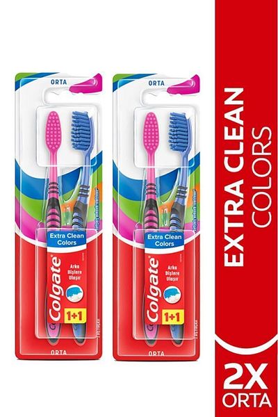 Colgate Colors Medium Toothbrush with Extra Clean Tongue Cleaner, Extending to Back Teeth 1+1 x2 Pieces