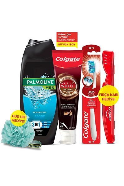 Colgate 125 ml Toothpaste, 500 ml Palmolive Shower Gel, Medium Toothbrush and Shower Loofah & Brush Container