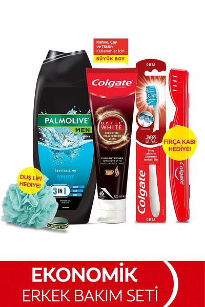 Colgate 125 ml Toothpaste, 500 ml Palmolive Shower Gel, Medium Toothbrush and Shower Loofah & Brush Container