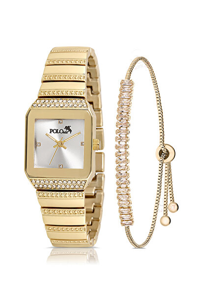 Polo Air Vintage Kare Kadın Kol Saati Zirkon Taşlı Baget Bileklik Gold PL-1488B1