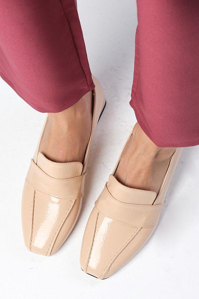 Mio Gusto Nude Colored Patent Leather Short Heeled Blunt Toe Women's Shoes - Margot