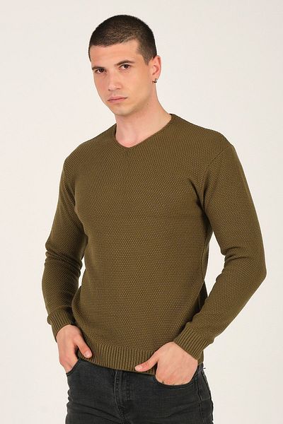 1000LAKE Ανδρικό πλεκτό πουλόβερ με λαιμόκοψη V Khaki Basic