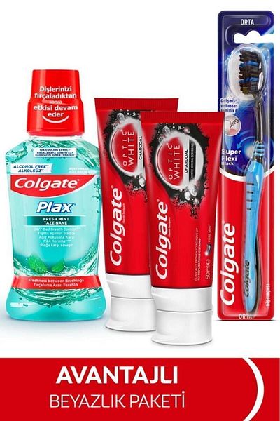 Colgate Optic White Whitening Toothpaste 50 ml X2 Pieces, Medium Toothbrush, Oral Care Water 250 ml