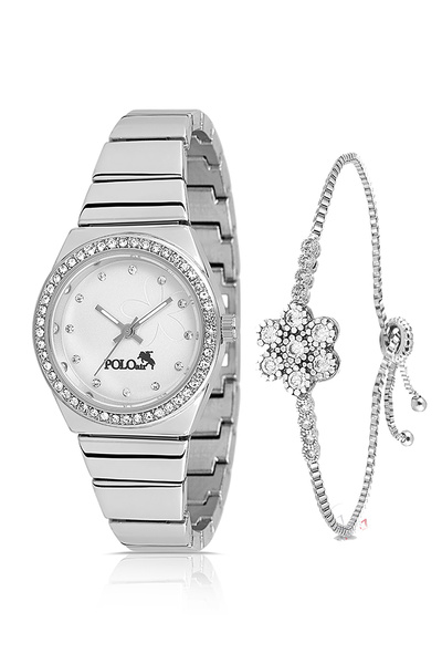 Polo Air Tek Sıra Lüx Taşlı Kadın Kol Saati Zirkon Taşlı Çiçek Bileklik Gümüş...