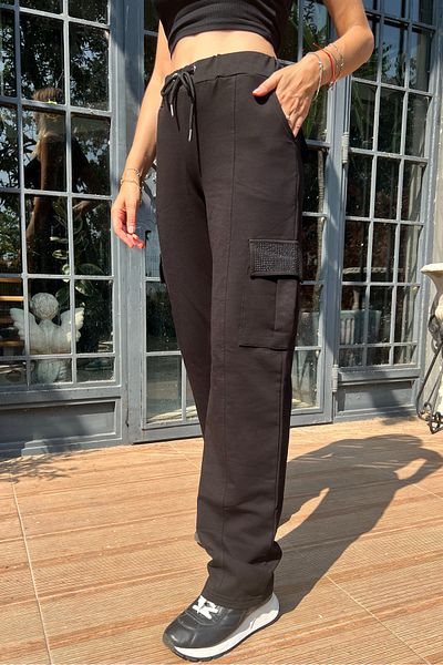 RICH GLAM Pantaloni de trening negri cu strasuri de cristal pentru femei - potrivire relaxată, buzunare cargo, bumbac cu două fire