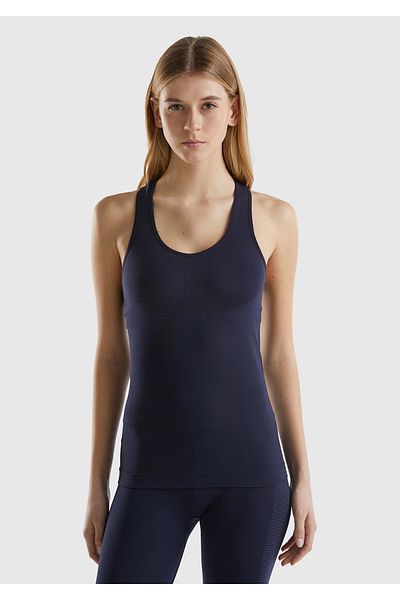 United Colors of Benetton Dark Navy Blue Women's Sports Top with Logo Embroidered on the Back - Strap Detail and Support