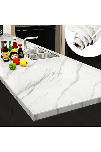 SARFEX White Foil - Marble Patterned, Adhesive Kitchen Countertop