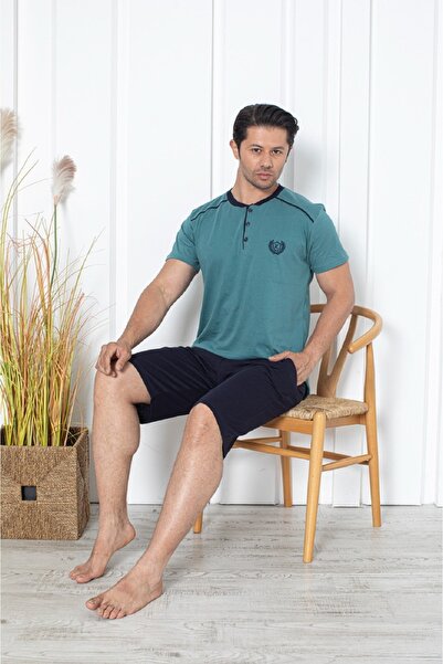 KAPİTEX Ανδρική Πράσινη Πιτζάμες 100% Βαμβακερή κοντομάνικη καροτσάκι - Κάπρι...