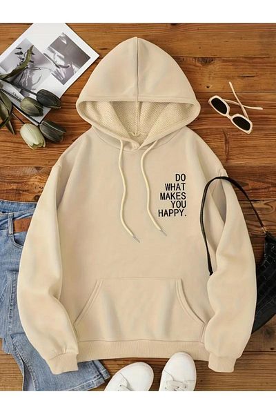 CAST COLLECTİON Μπεζ φούτερ Unisex - Τυπωμένο 'Do What Makes You Happy'