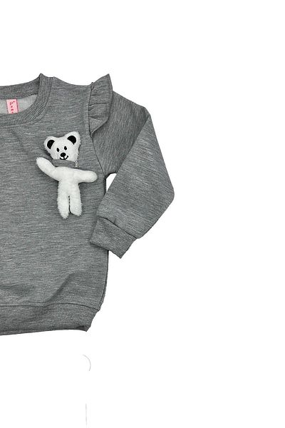 PEMBE LİFE Teddy Bear Ruffle Sleeve Baby Girl Sweat Gray