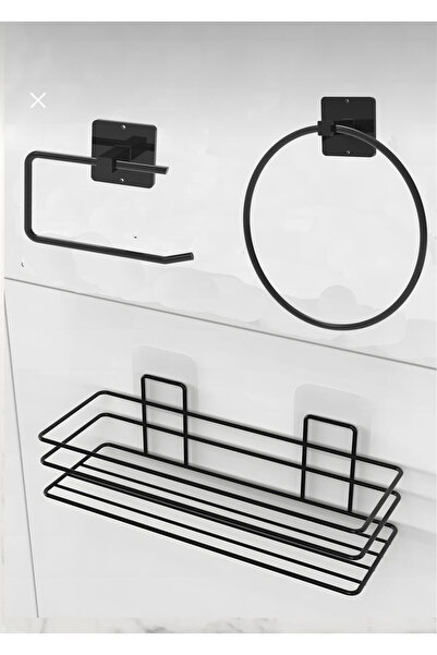 VİE HOUSE Yapışkanlı Siyah 3’Lü Set Banyo Düzenleyici Şampuanlık Tuvalet Kağı...