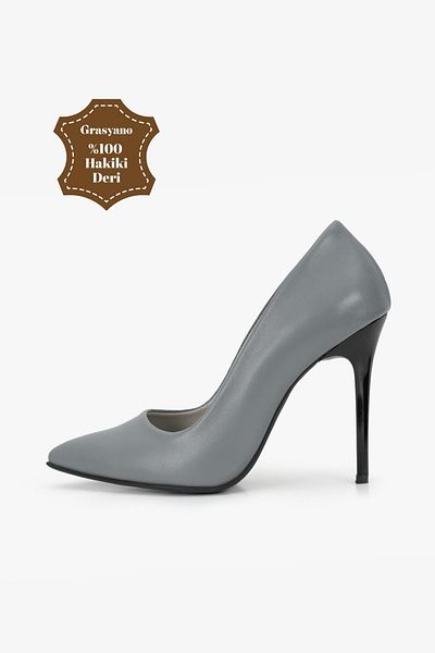 Grasyano Genuine Leather Stone Gray Simple Stylish Comfort Premium Soft Leather High Stiletto 10.5 Cm Thin Heel
