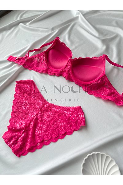 La Noche Lingerie Women's Pink Lace Underwire Supported Push Up Bra Panties Set