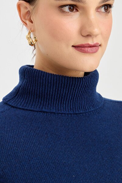 Desen Triko Women's Full Turtleneck Classic Wool Sweater Indigo