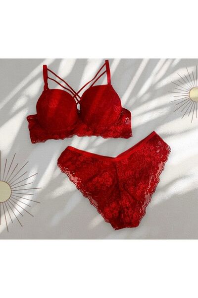 Genel Markalar Kadın Dantel Işlemeli Kırmızı Dolgulu Balenli Destekli Sütyen ...