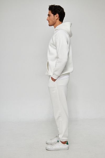 MRS CLOTHING Men's Off-White Ecru Unisex Plain Hooded Collar Cotton Pocket Detailed Sweatshirt