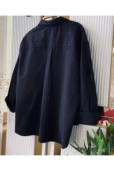 modabetce Shirt Black Oversize Balloon Sleeve Pleat Detailed Long Basic Women's Shirt 0001
