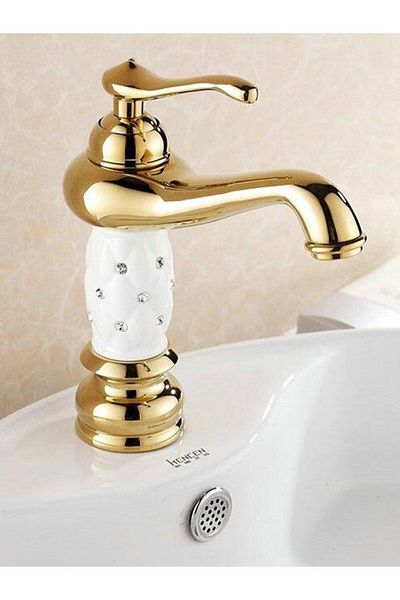 FLEKO BATARYA 20 cm Height - Antique Gold White Embossed Patterned Bathroom Sink Faucet