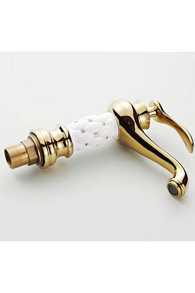 FLEKO BATARYA 20 cm Height - Antique Gold White Embossed Patterned Bathroom Sink Faucet
