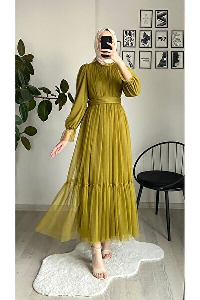 CYM Butik فستان حجاب بتفاصيل من التول الأخضر