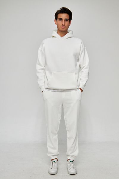 MRS CLOTHING Men's Off-White Ecru Unisex Plain Hooded Collar Cotton Pocket Detailed Sweatshirt