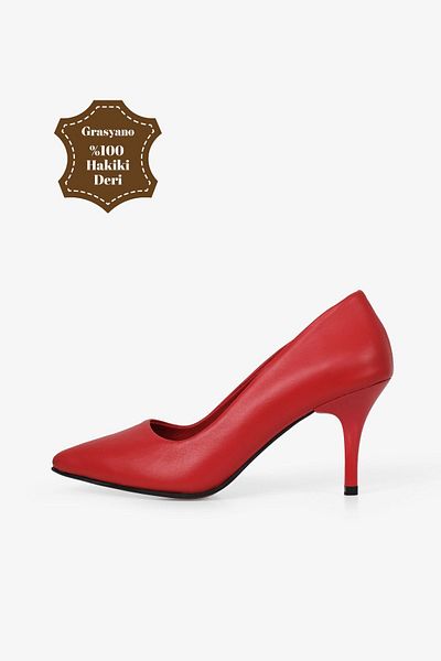Grasyano Genuine Leather Red Pointed Toe Premium Soft Leather Plain Christmas Comfort 7.5 Cm Thin Heel Stiletto
