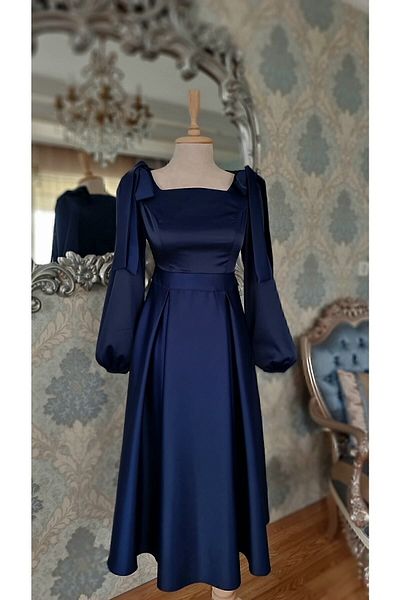 makbuleofficial Navy Blue Satin, Bow on the Shoulder, Midi Length, Promise Engagement Graduation Dress