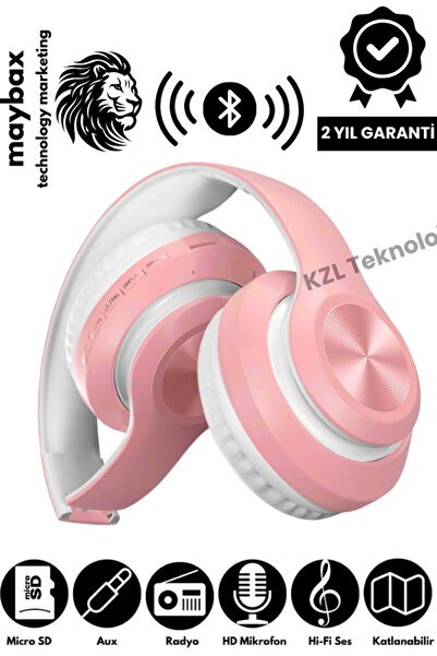 Genel Markalar P68 Pembe Bluetooth Kablosuz Stereo Kulaklık Tf Kart Aux Girişli