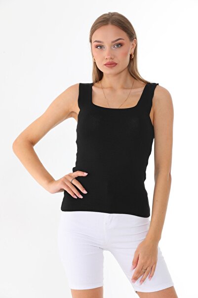 OnMODA Μαύρο πλεκτό τετράγωνο λαιμό - Χοντρό λουράκι και μακρύ εσώρουχο γυναικεία μπλούζα Square1001