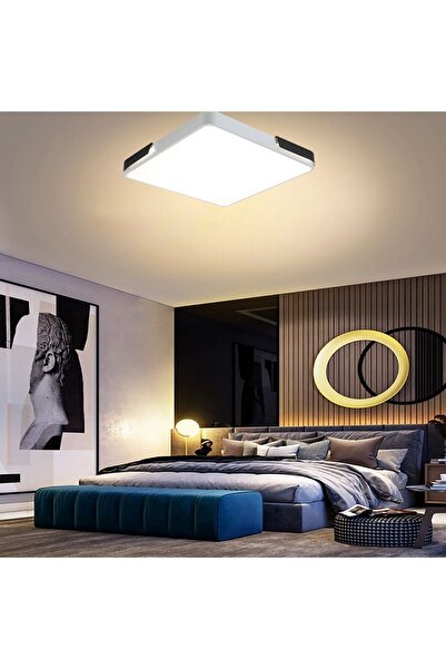 CATLUZ Beyaz- Siyah Şeritli Kumandalı Dimli 3 Işık Renkli 50x50cm Kare Led Tavan Lambası, Modern Aydınlatma