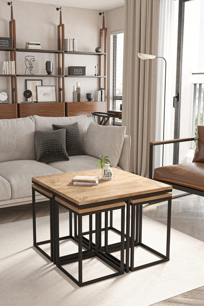 ED Efelez Design Orta Sehpa , Lizbon 4 1 , Kare Pizza Sehpa Takımı , Siyah Metal - Atlantik Çam Tabla