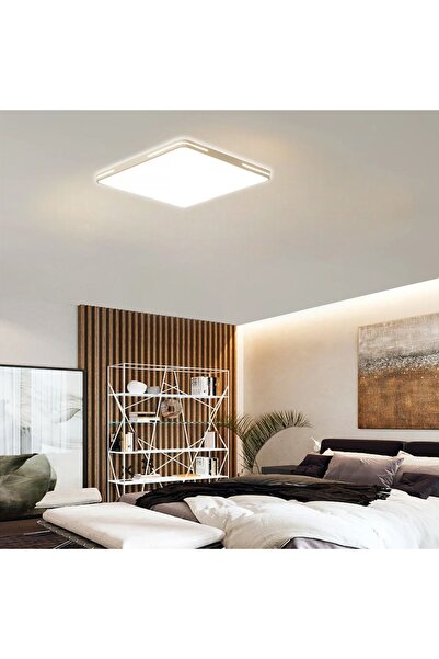 CATLUZ Beyaz Şeritli 50x50cm Kumandalı Dimli 3 Işık Renkli Kare Tavan Lambası,modern Aydınlatma,avize