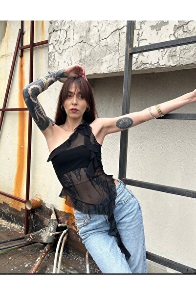 offcastle Siyah Fırfır Tül Bluz