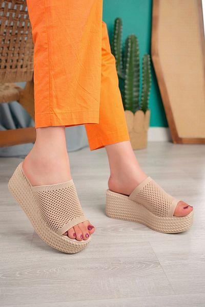 miss fırat High/Thick Sole Wedge Heels 7cm Heel Height Cream Women's Knitwear Slippers
