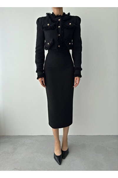 Julidress Prémium Tweed Crop dzseki és hasított szoknya - alsó felső szett fekete béléssel, arany gombokkal