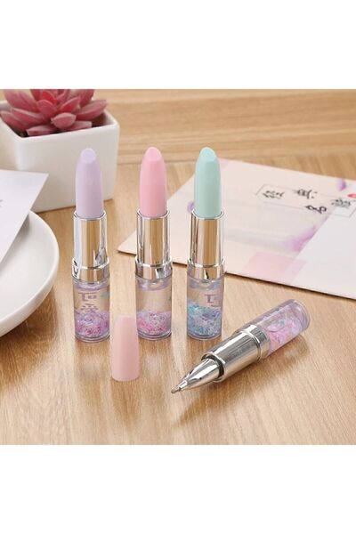 Pembe Çarşı Sulu Simli Pembe Ruj Tasarımlı Tükenmez Kalem 4 adet gönderilir
