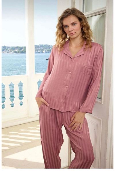 seamlife Dried Rose Striped 100% Cotton Satin Pajama Set - Shirt Collar, Buttoned Neck, Long Sleeve