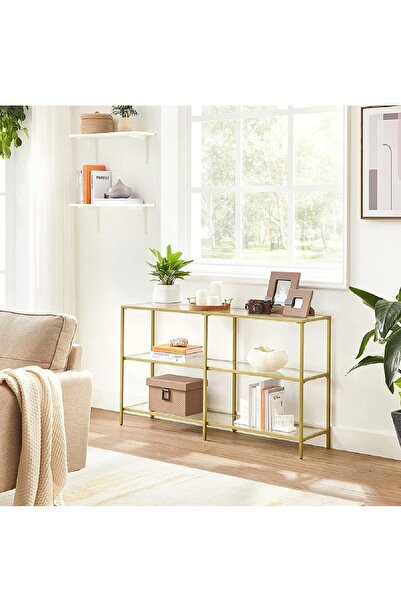 TOLIAHOME Modern 3 Katlı Gold Renk Metal Iskeletli Temper Cam Raflı Dresuar Konsol
