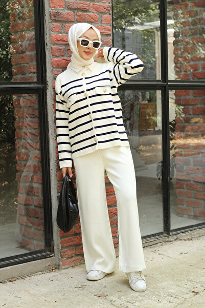 PİNK FLY طقم تريكو مكون من قطعتين - نمط مخطط وسترة صوفية