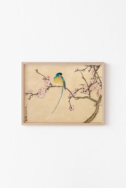 epiqart Erik Çiçekleriyle Kuş - Ahşap Desenli Çerçeve