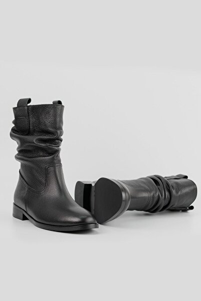 TUNAELLİ Kadın Siyah Hakiki Deri 35-41 Numara Körüklü Bot & Bootie
