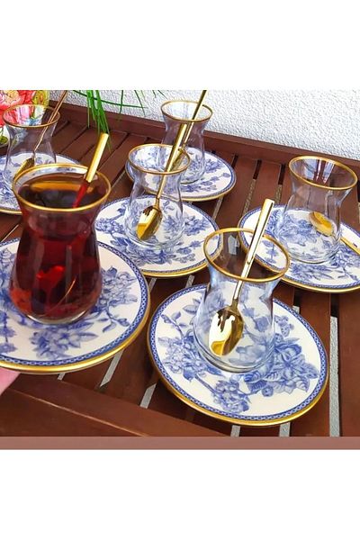 GÖNÜL Blue Blanc 6-person 18 piece tea set tea set