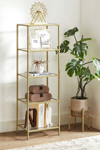 TOLIAHOME Modern 5 Katlı Gold Renk Metal İskeletli Temperli Cam Raflı Kitaplık Aksesuar Rafı