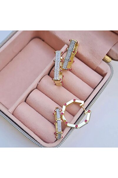 Brillo Serenay 3cm Ithal Büyük Boy Vip Seri Özel Tasarım Kenarları Fuşya Taş 2 Çift Zirkon Taş Küpe Seti