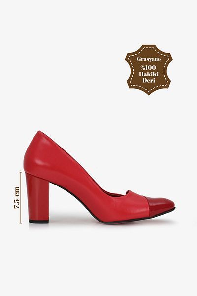 Grasyano Genuine Leather Red Patent Leather Detailed 1stClass Soft Leather Black Comfort 7.5 cm Thick Classic Heels